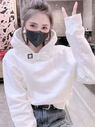 Cropped Top Women's Sweatshirt Pullovers Hooded White Hoodies Woman Clothing Offer Korean Style High Quality Novelty Kpop Warm