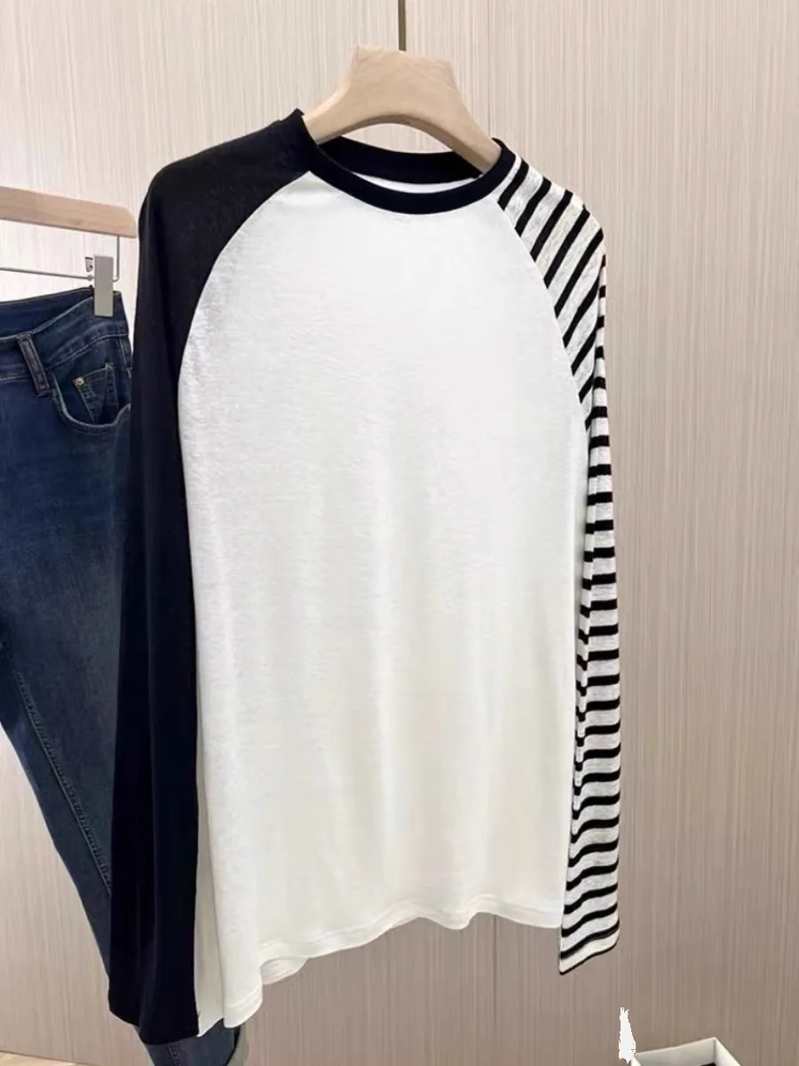 

Asymmetric Stripe oulder Sve Long Sve Thin T-irt Cover up Women's Summer 2023 Commute Sle round Neline Straight...