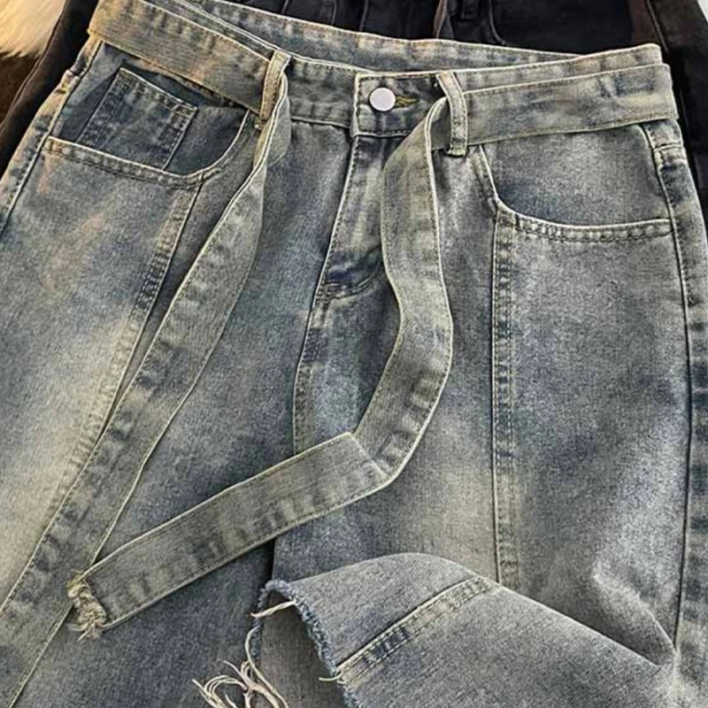 Pantalones cortos vaqueros con flecos finos de verano, pantalones informales holgados hasta la rodilla de calle japonesa, pantalones bonitos azules versátiles a la moda