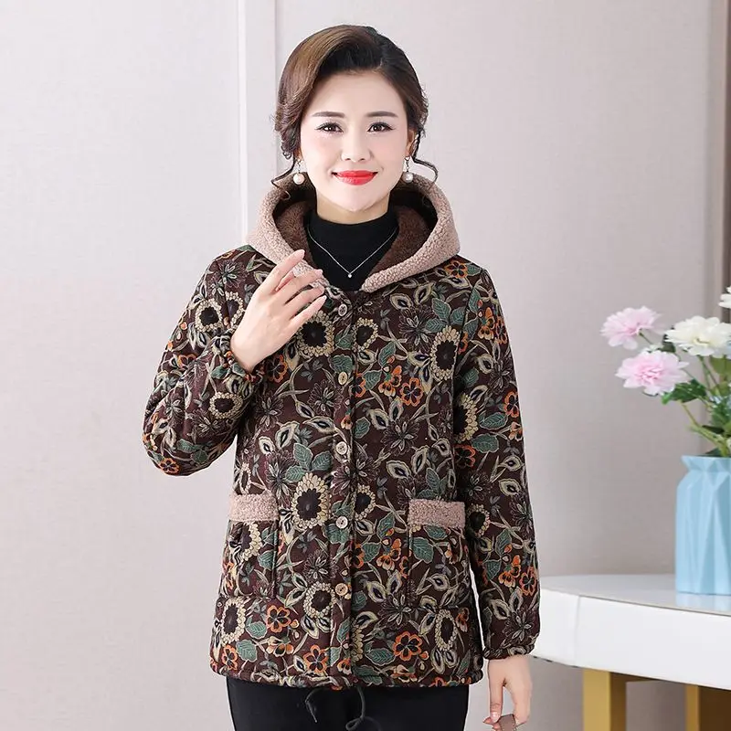 Middle-aged And Elderly Mothers Winter Fashion Fleece Cotton-Padded  2024 New Loose Warm Hooded Printed Casual Coat Women