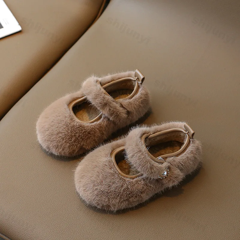 Winter 2025, Mädchen-Ballerinas, luxuriöse künstliche Nerzpelz-warme Plüsch-Mary-Jane-Schuhe, bequeme rutschfeste Lederschuhe für Kinder