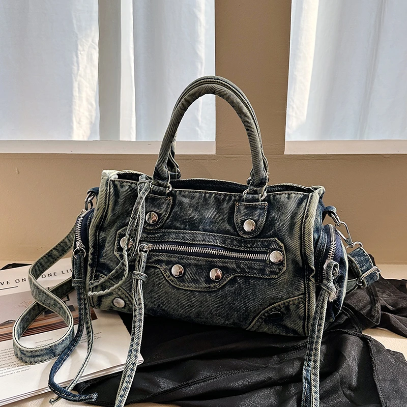 Vintage Denim Motorcycle Handbag Washed Denim Rivet Decor Boston Bag Removable Strap Y2K Fashion Ladies Crossbody Shoulder Purse