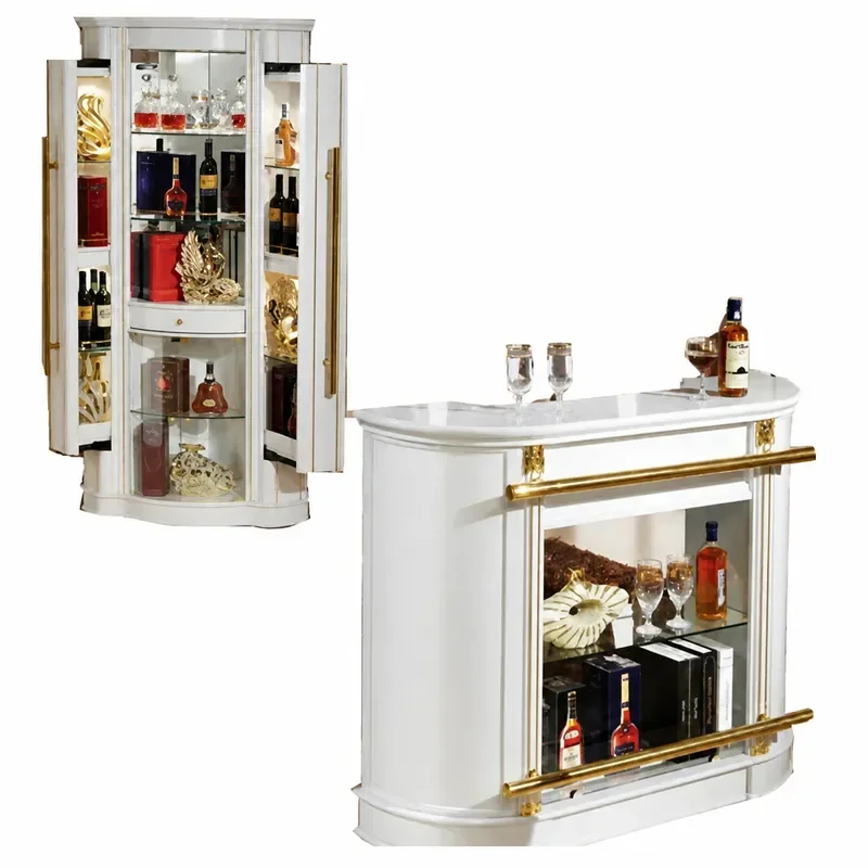 European Style White MDF Wine Cabinet Storage Unit Living Room Floor Standing Bar Display Shelf Two Piece Set