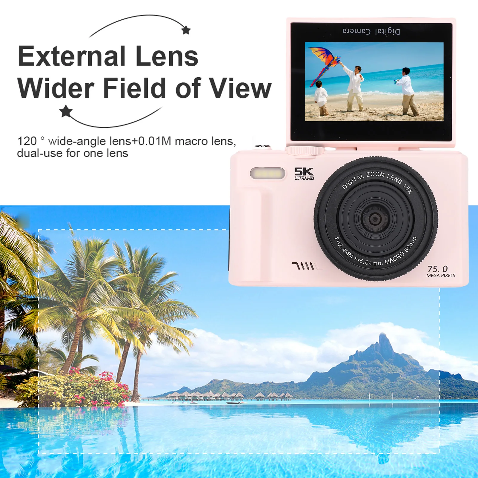 

Andoer Vlog Travel Camara 180 Degree Screen 5K Digital Camera Built in Flash Multifunctional Lightweight for Photography