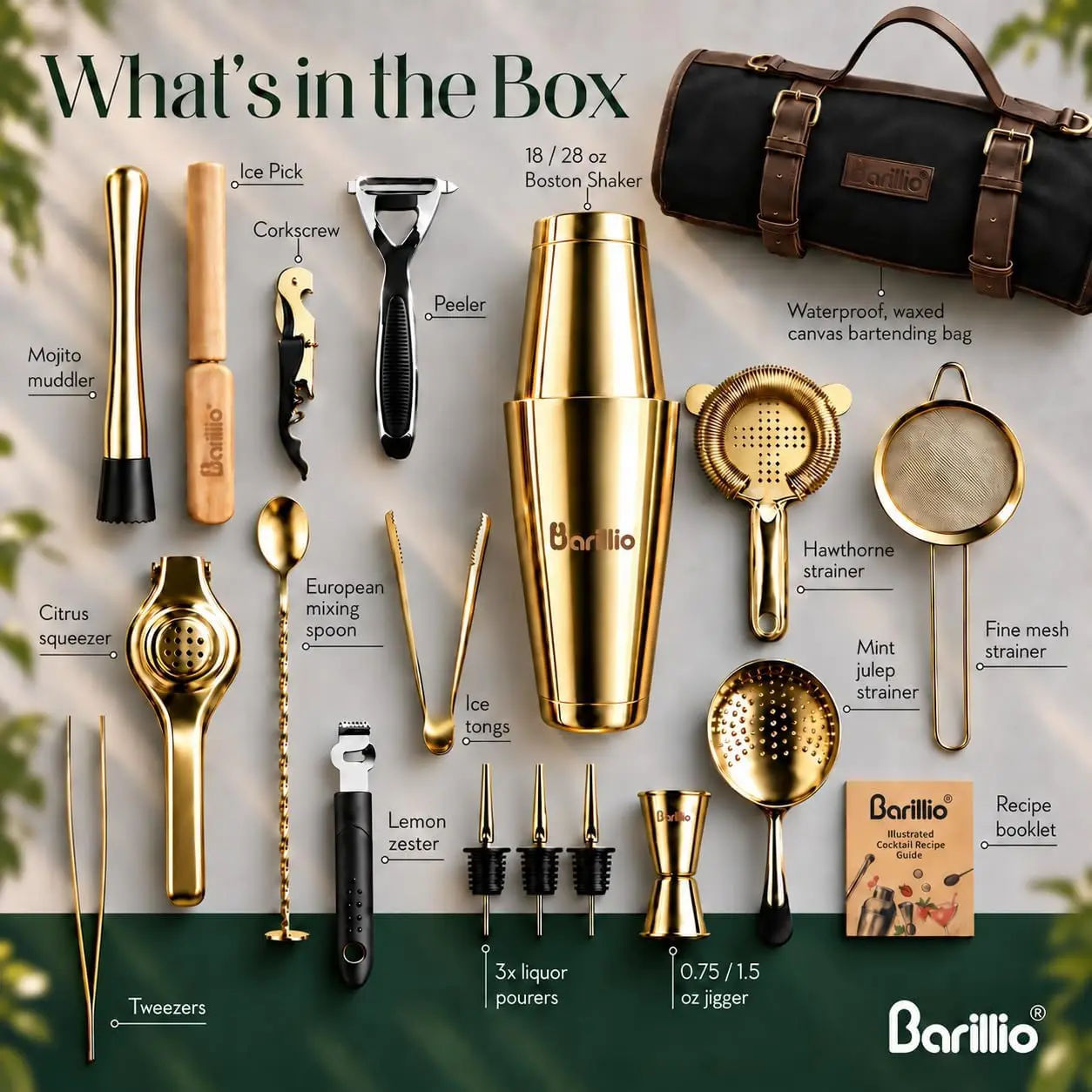 Bartender Kit Bag with Gold Cocktail Shaker Set - Waxed Canvas, Traveling Bar Tools Bag with 17-Pc Cocktail Kit - Travel Mixolog