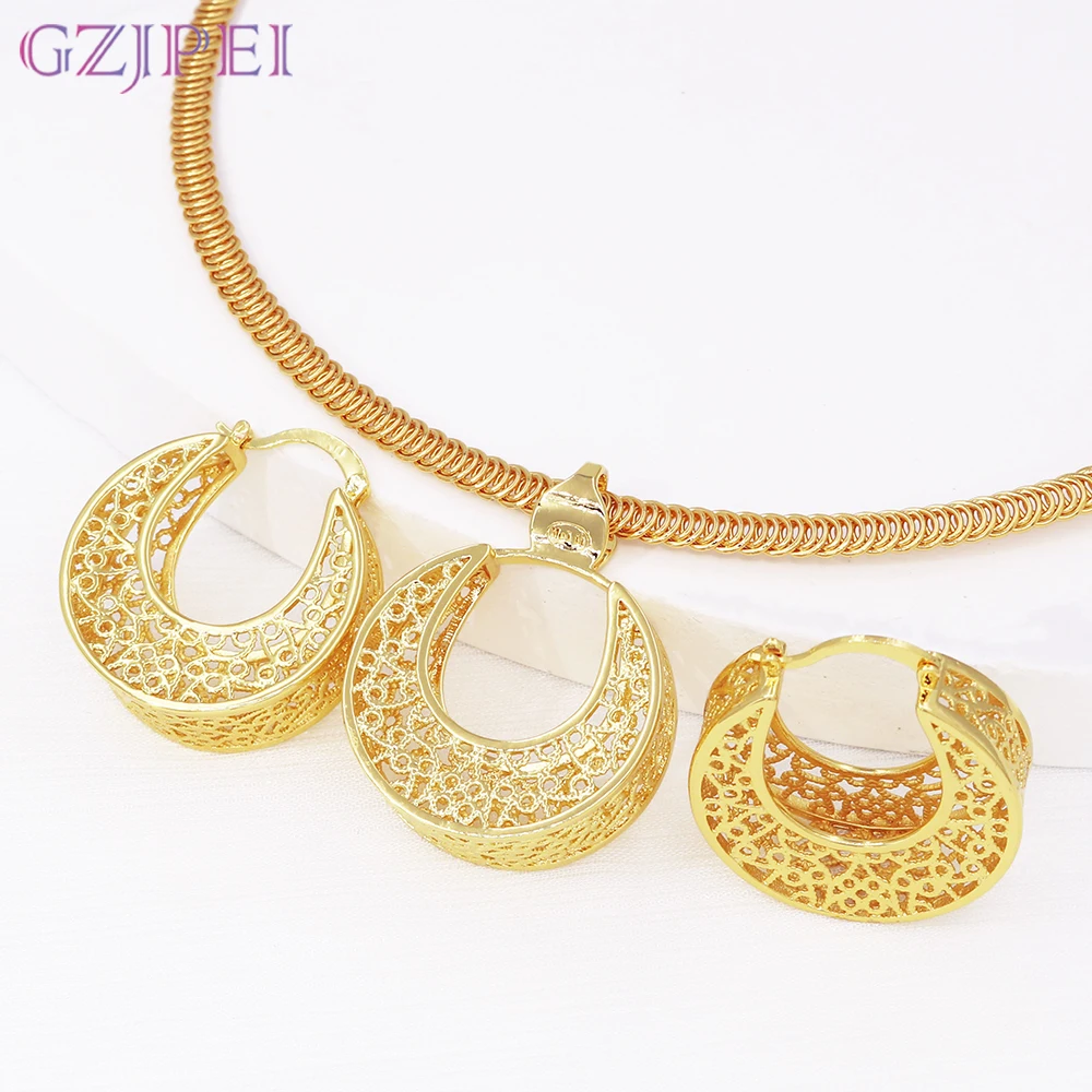 GZJPEI 18K Gold Plated Hollow Filigree Moon Jewelry Set C-shaped Pendant Necklce Earring Vintage Ethnic Jewelry Gift 2026 New