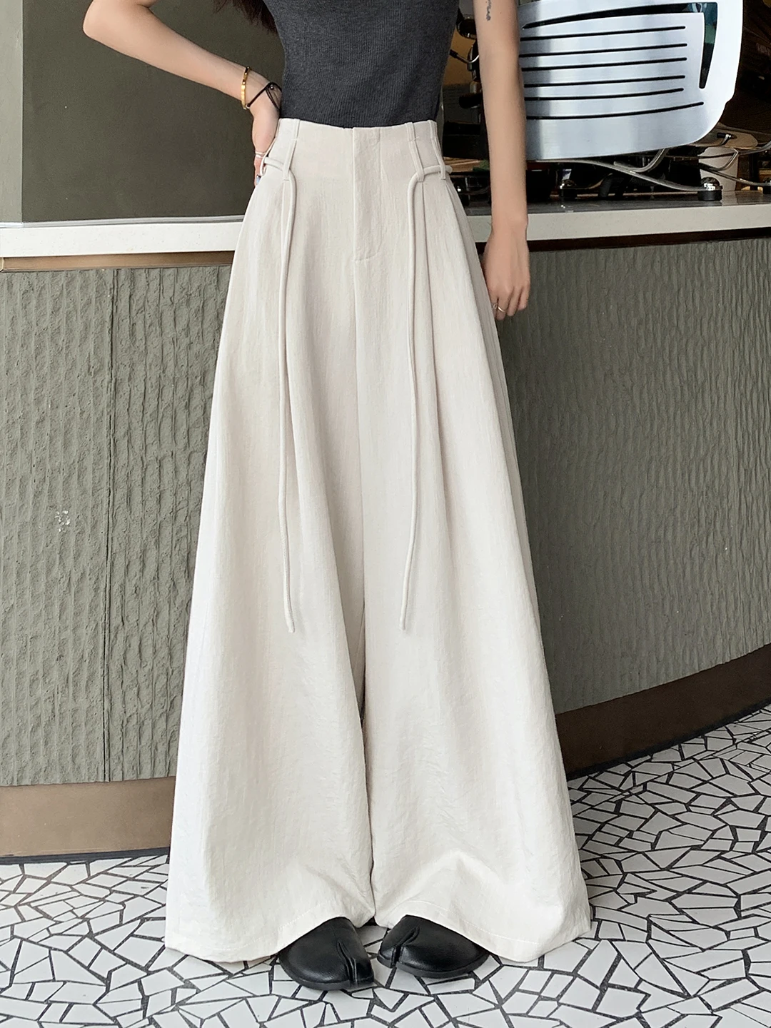 

Casual Wide Leg Pants Women Summer Thin Ice Silk Cotton Linen Belted Loose Fit High Waist Straight Tube Trousers Daily Wear