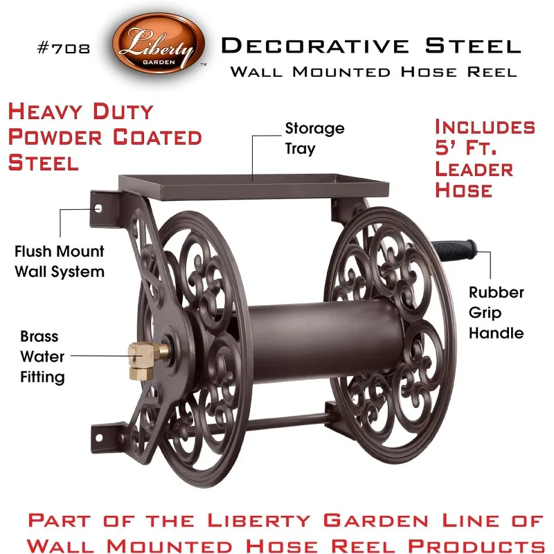 Liberty Garden 708 Steel Decorative Wall Mount Garden Hose Reel, Holds 125-Feet of 5/8-Inch Hose - Bronze