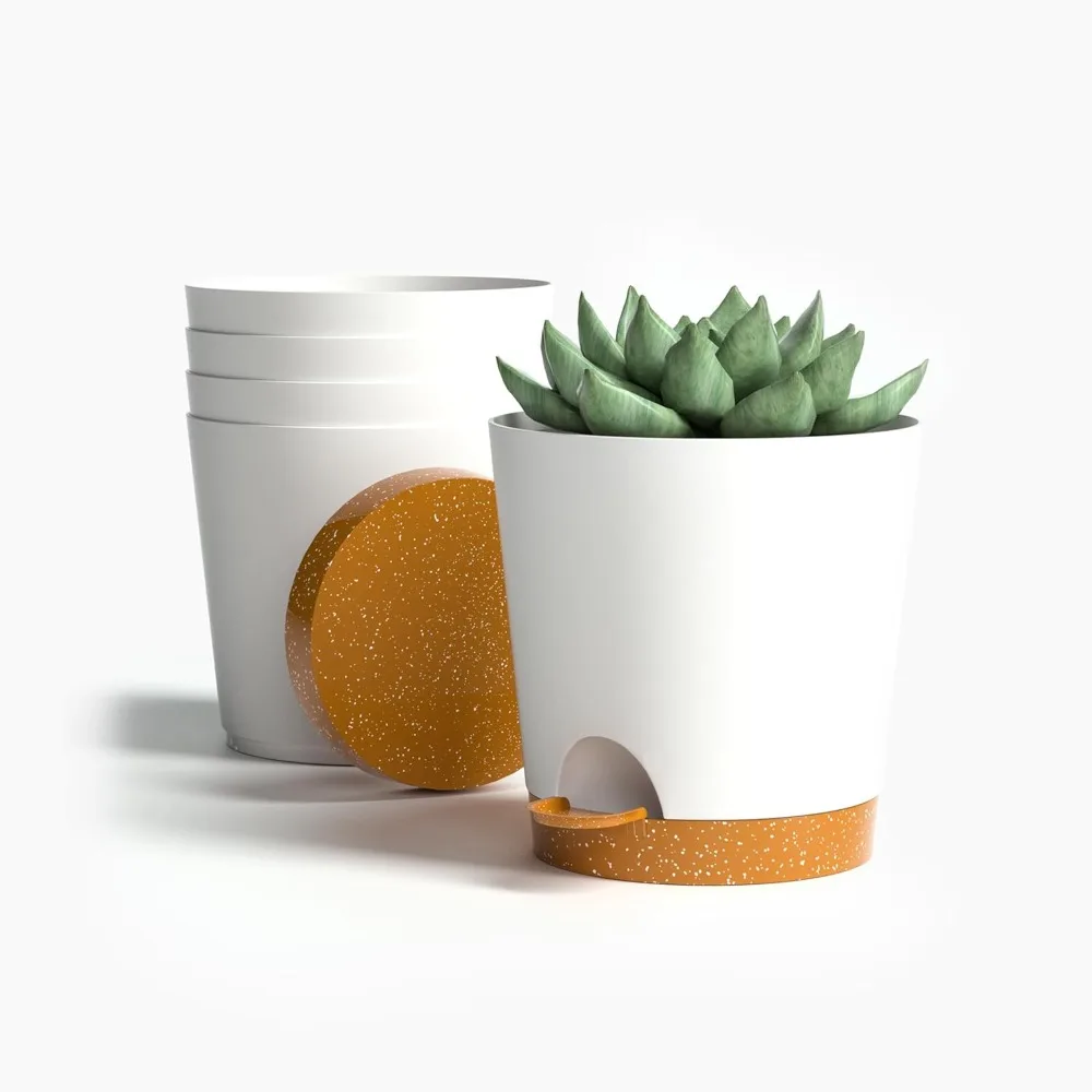 

4 inch Small Plant Pots for Outdoor Indoor Plants, 5 Pack Planters with Drainage Holes and Tray, Small Self Watering Pots for Su