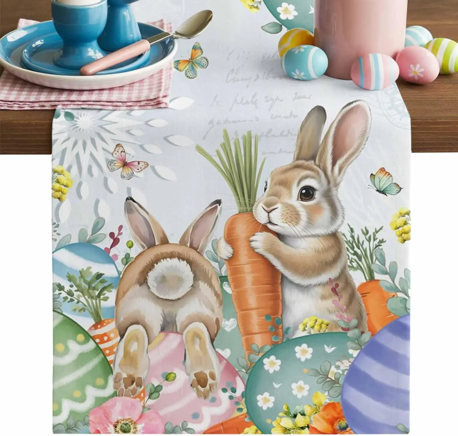 

Пасхальный кролик, яйца, цветочная льняная дорожка для стола, декор для вечеринки, моющаяся дорожка для кухонного обеденного стола в фермерском доме, пасхальные украшения