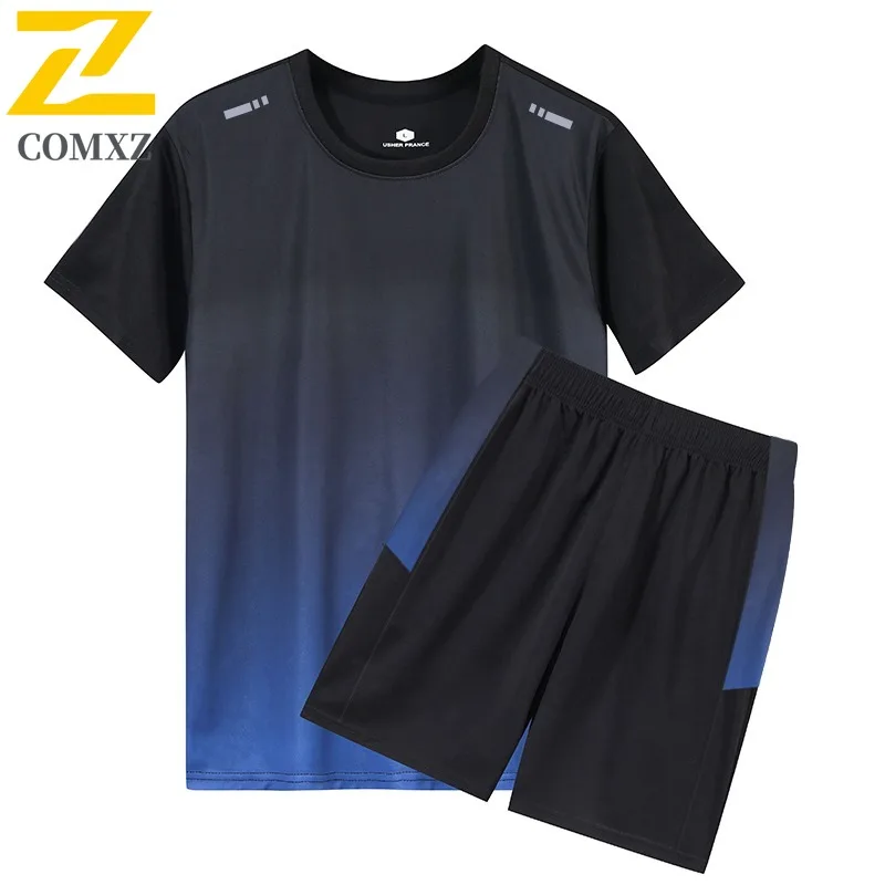 2025Men التدرج اللون الرياضة مجموعة تي شيرت السراويل تشغيل الزي الصيف تنفس سريعة الجافة يندبروف ملابس رياضية فضفاضة غير رسمية تناسب #4