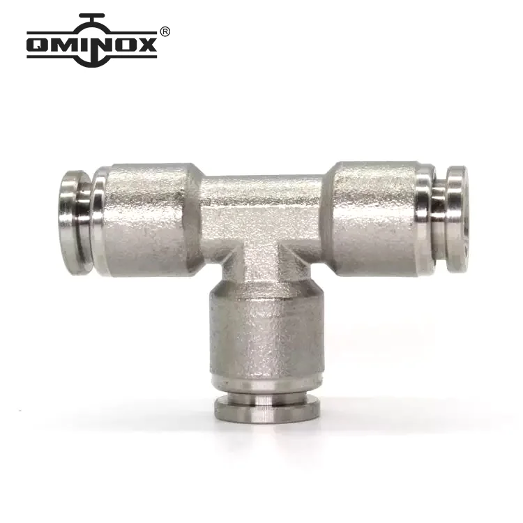 QMINOX SS304 pneumatic 3-way gas pipe quick insertion 304 T type pneumatic PE fittings 4-16mm Stainless gas pipe quick insertion