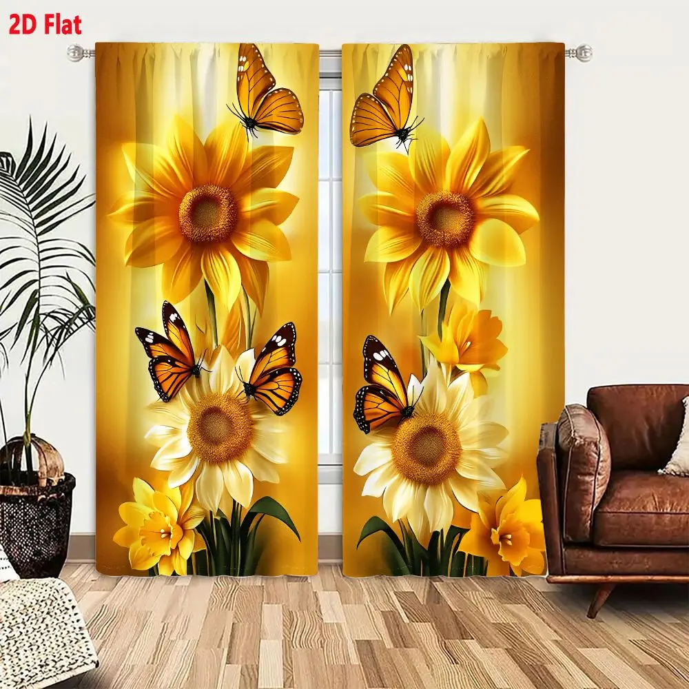 2Pcs Curtains 2D Flat Vibrant Sunflowers And Butterflies On Golden Gradient Background Painterly Art Window Drapes for Bedroom R