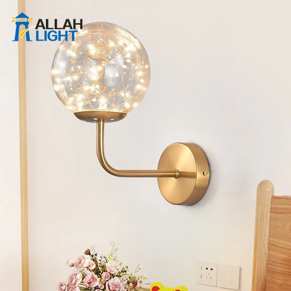 

European Copper Crystal Wall Light Living Room Background Luminaire Ball Loft Bedroom Bedside Indoor Decora Wall Sconce Lamp