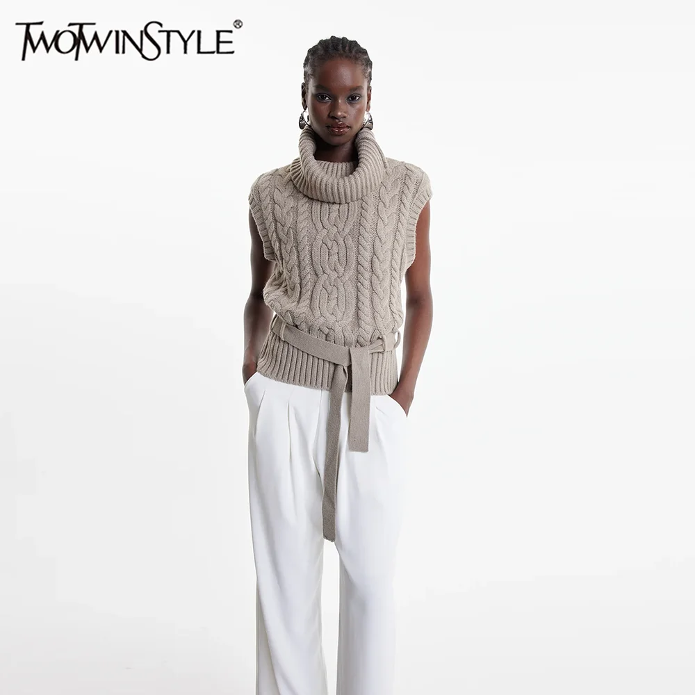

TWOTWINSTYLE Solid Loose Soliced Lace Up Casual Knit Vests for Women High Neck Sleeveless Fashion Vest Female Autumn Clothes New