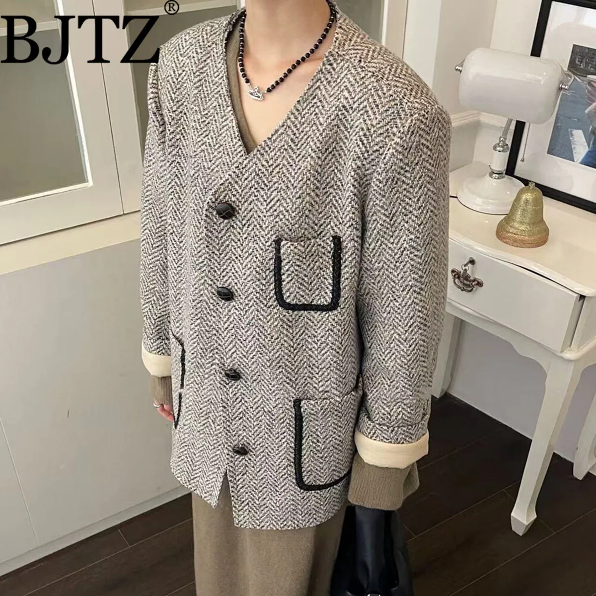 BJTZ موضة أنيقة فضفاضة تناسب مبطن سترة للمرأة 2025 الخريف الشتاء الاتجاه الجديد مزاجه الدافئة مكتب سيدة معطف الإناث #1