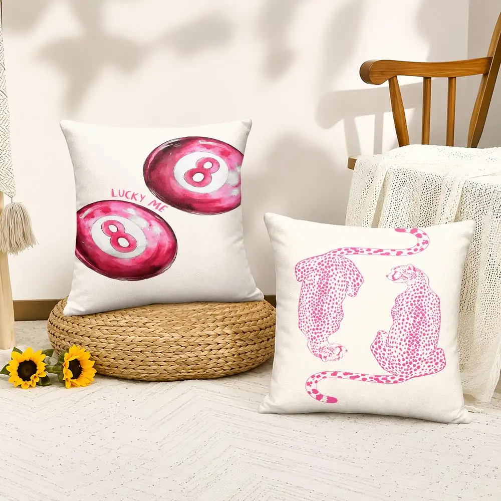 Pink Kiss Mark Lucky 8 Ball Leopard Cushion Cover Silky Short Plush Invisible Zipper Dustproof Sofa Pillow Case For Home Decor