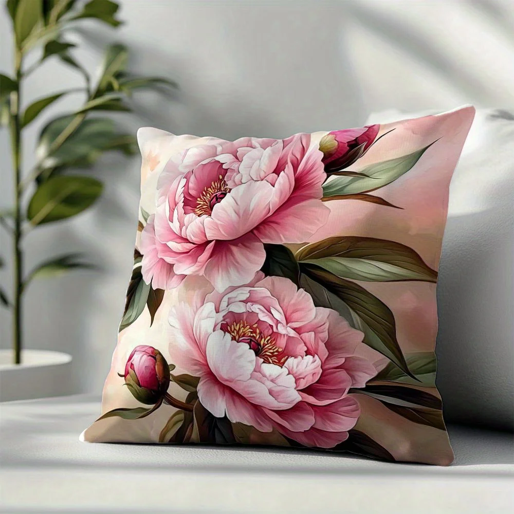 1pc French Country Peony Decorative Cushion Cover, 2D Print Polyester Pillow Case for Sofa Bed Car Office Home Decoration