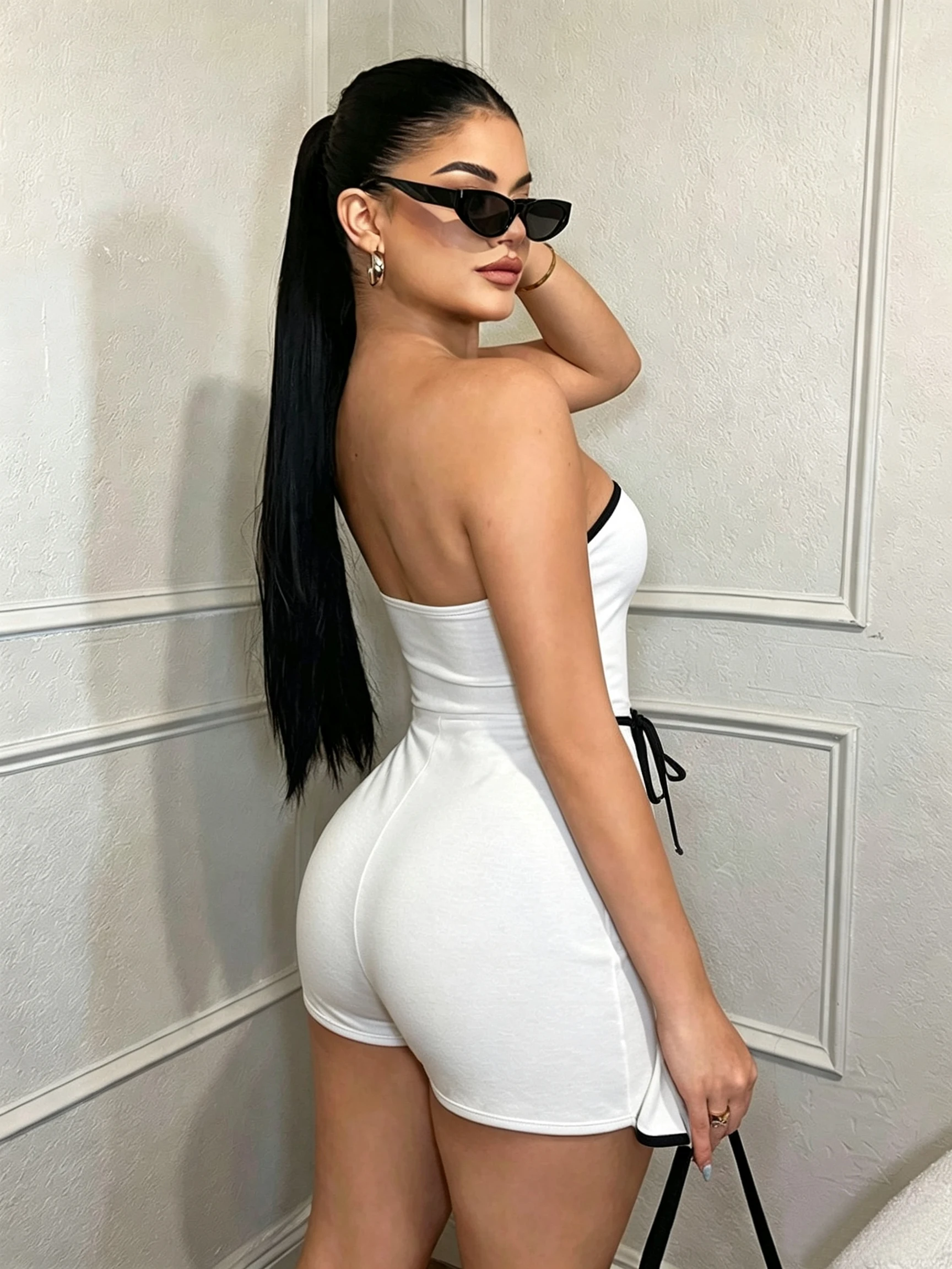 Black and White Contrast Color Trim｜Strapless Faux Two-Piece Jumpsuit Shorts with Waist Tie to Accentuate Proportions, Sexy Skirt-Pants