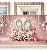 Nuxovilar 90th Birthday Banner - Elegant Pink &amp; Gold Floral Backdrop with Glitter "90" Sign, 71x4...