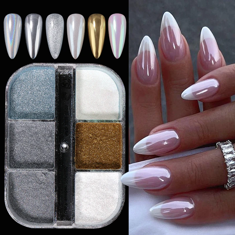 6Grids Mirror Nail Powder Pearl Chrome Nails Aurora Holographic Mermaid Pigment Dust Gold Silver Metal Glitter Cat Eye Nail Art