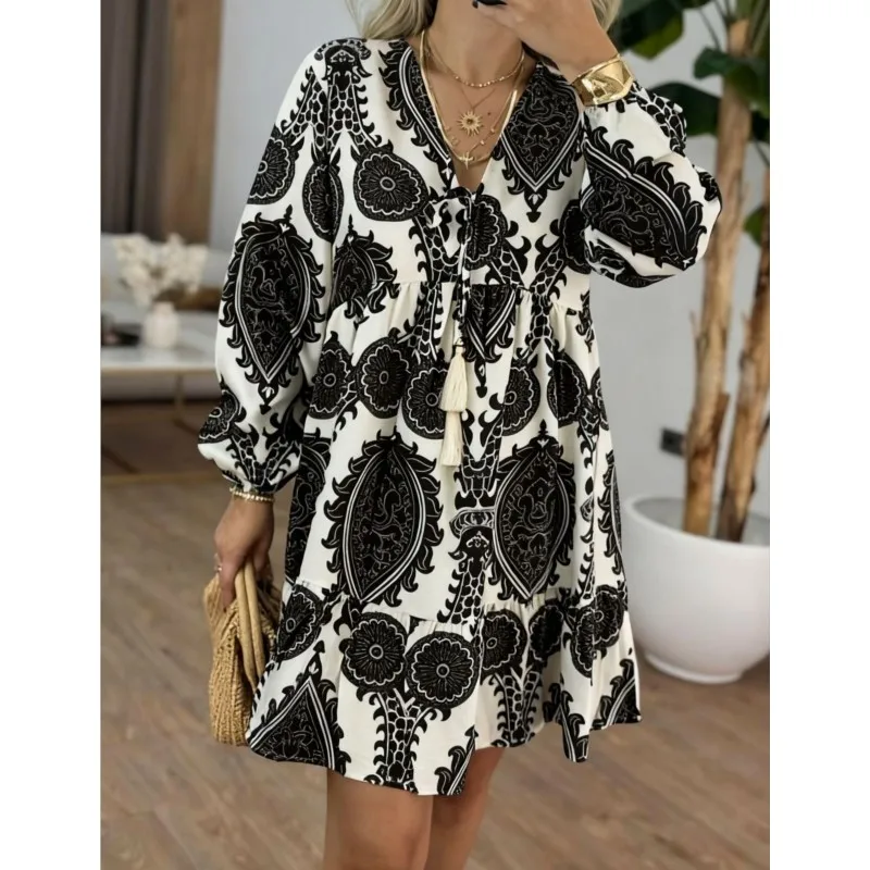 Elegante abito Boho a trapezio stampato retrò Donna Autunno scollo a V Tie-up Nappa Abiti da festa Autunno Elegante mini abito a maniche lunghe