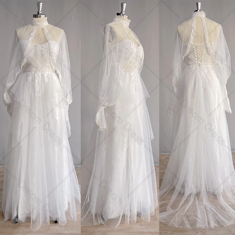 DREAM Modern Detachable Long Sleeves A-Line Boho Wedding Dress Swetheart Corset High Split Lace Bridal Gown Lace Up