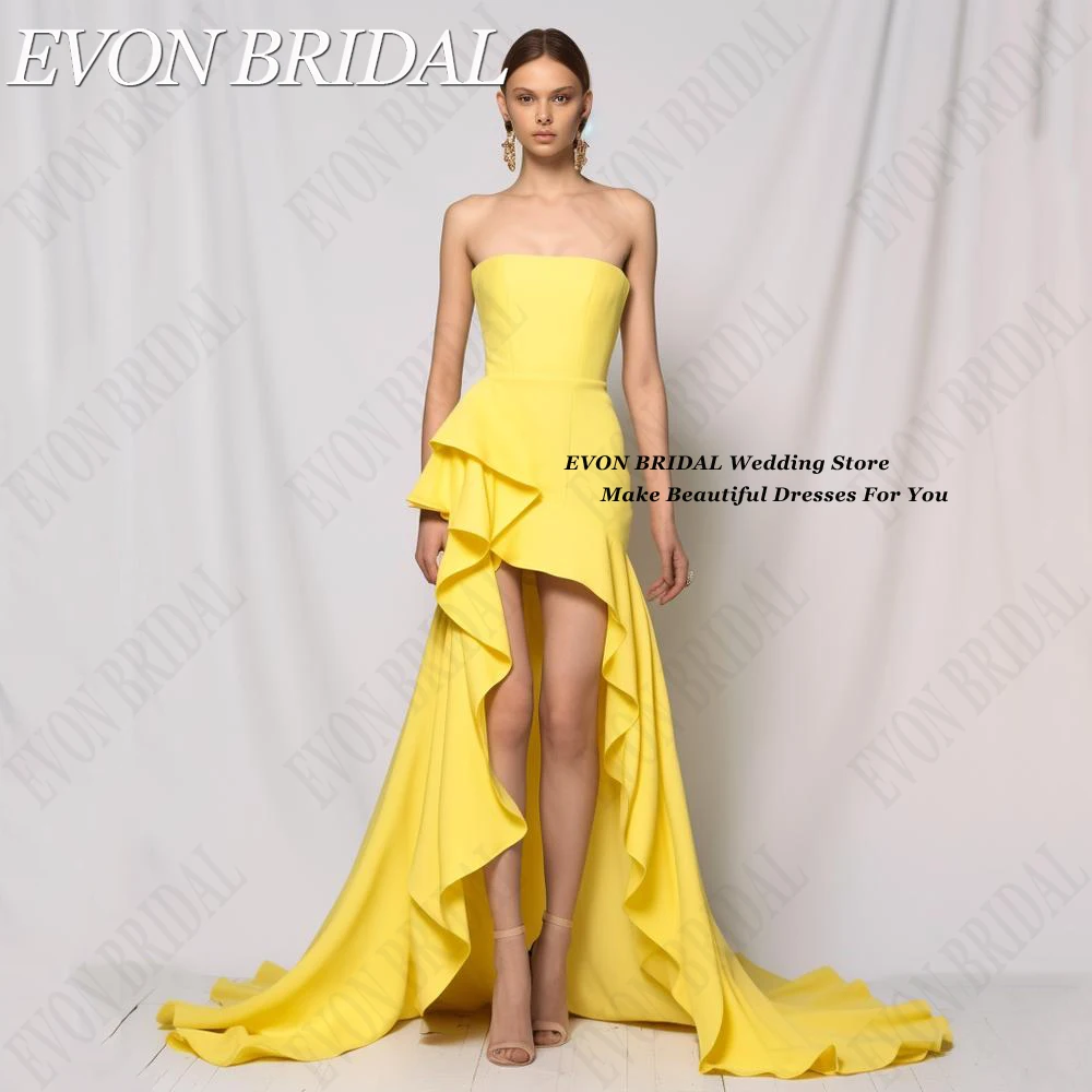 EVON BRIDAL-Vestidos de Baile Amarelo Alto e Baixo Feminino, Babados, Linha A, Vestidos de Coquetel, Sem Costas, Trem de Varredura