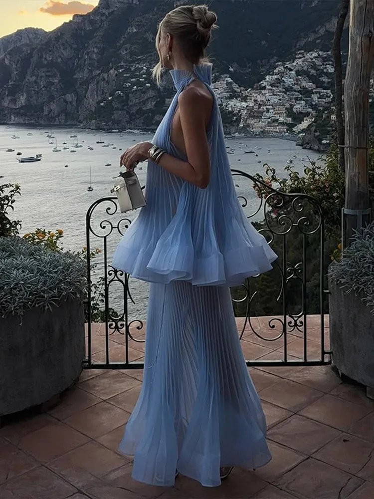 Elegant Halter Women's Top Skirts Suit Sleeveless Ruffles Pleated Long Skirt Lady Set 2026 Summer Autumn Set Women New