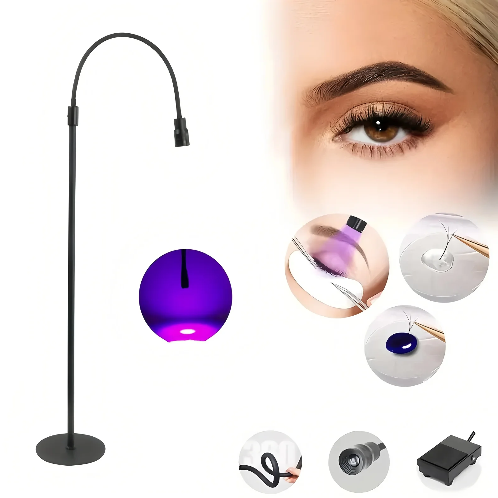 LED 5W ラッシュライト フロアスタンド ペダルスイッチ付き、まつげエクステ ネイルグルー硬化用、調整可能な光集束