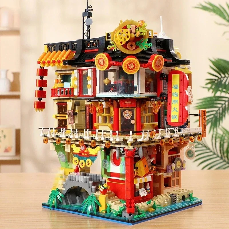 

Bangkok City Building Blocks Street View Hot Pot Restaurant Mini Particles Puzzle Assembly Toy Model Ornaments Collection Gift
