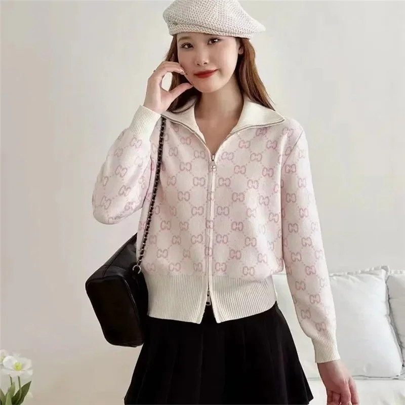 

Korean Fashion Lady Retro Turtleneck Sweater Cardigan Lapel Shirts Winter Aesthetic Letter Jacquard Sweaters Coats Short Jackets