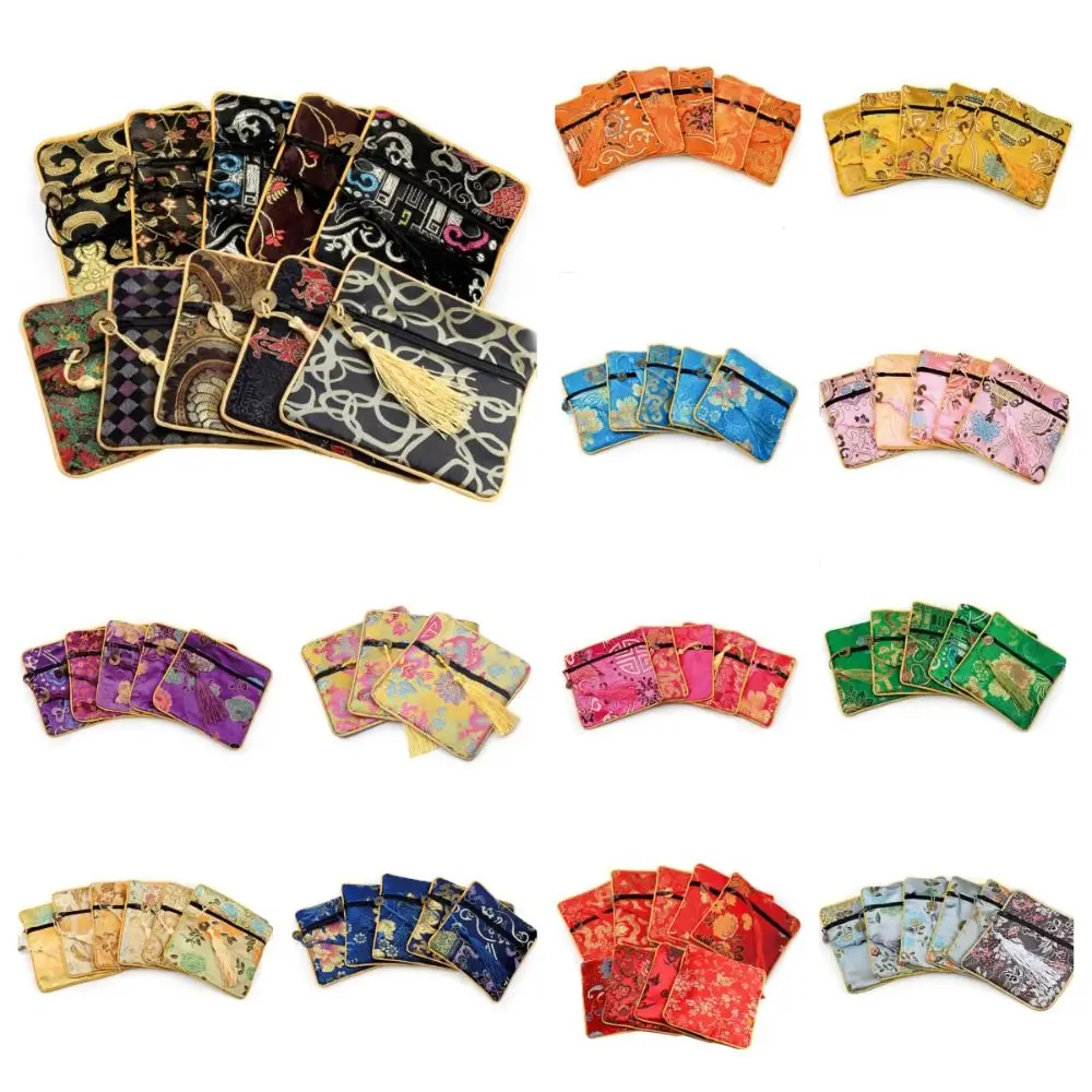 Tassel Mini Embroidery Canvas Coin Purse Dragon Square Flower Jewelry Packing Bag Copper Cash Pendant Makeup Lipstick Bag