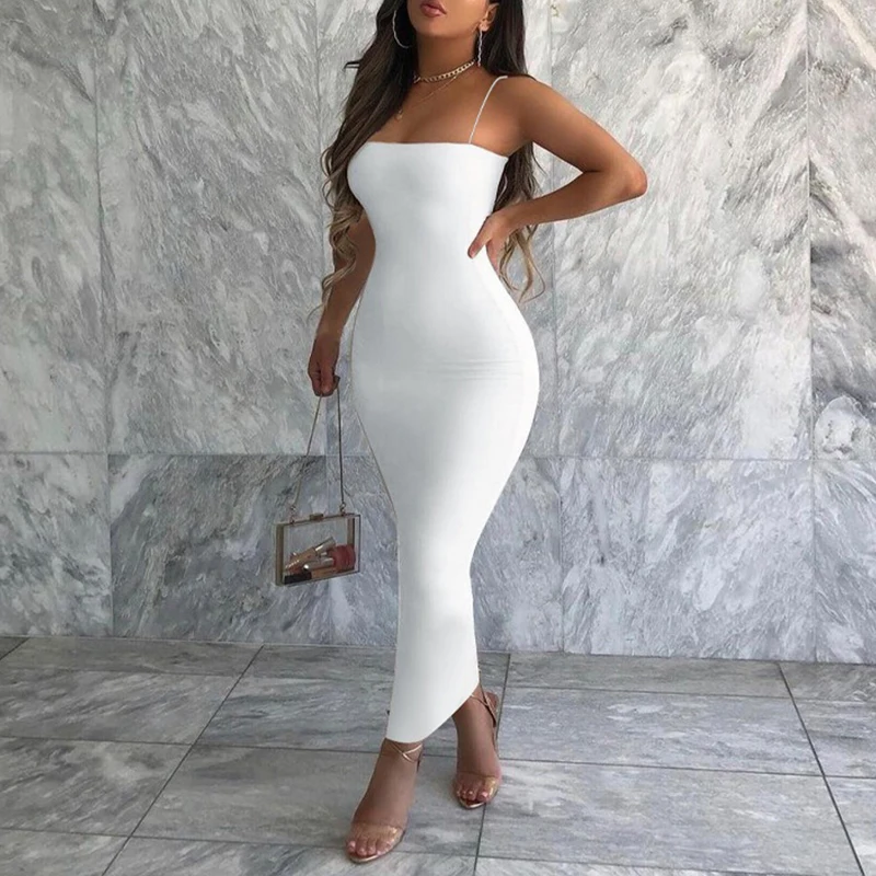 Strap Solid Sexy Dress Women Summer New Streetwear Sexy Sheath Sleeveless Bodycon Dress Casual  Elegant Party Ankle-Length Dress