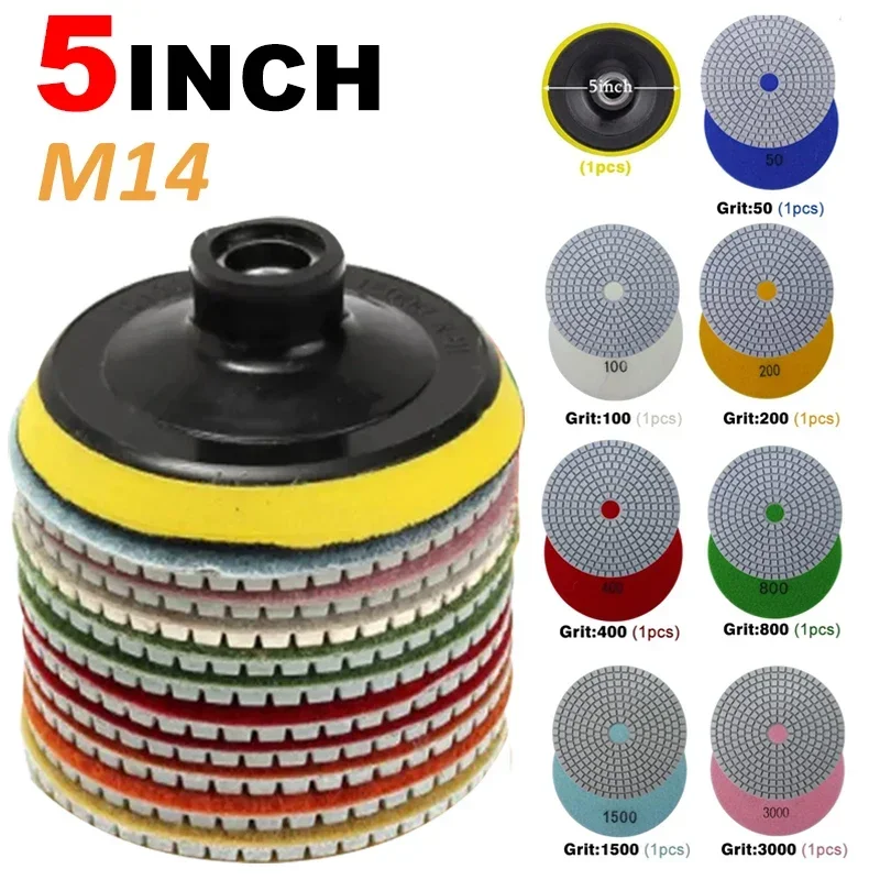 8pcs 5 inch 125mm Diamond Polishing Pads Kit Wet/Dry for Granite Stone Concrete Marble Polishing Use Grinding Discs Set M14