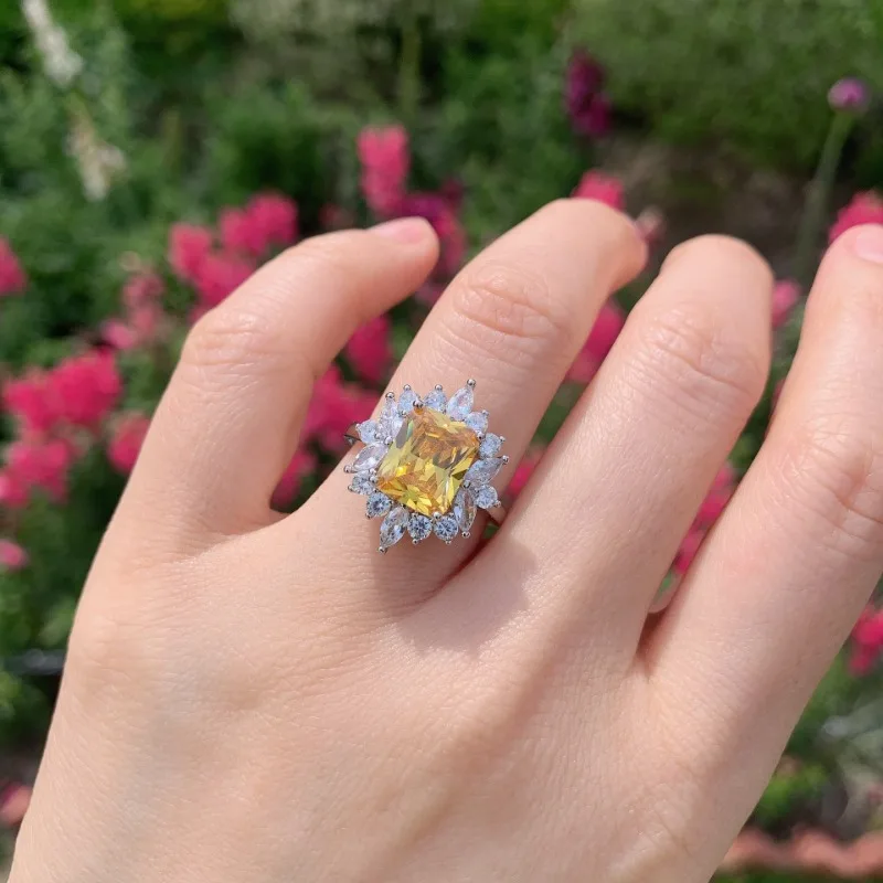 New Shining Yellow Diamond Full Set Zircon Women's Ring Wedding Dinner Bride Handicraft Gift image 2
