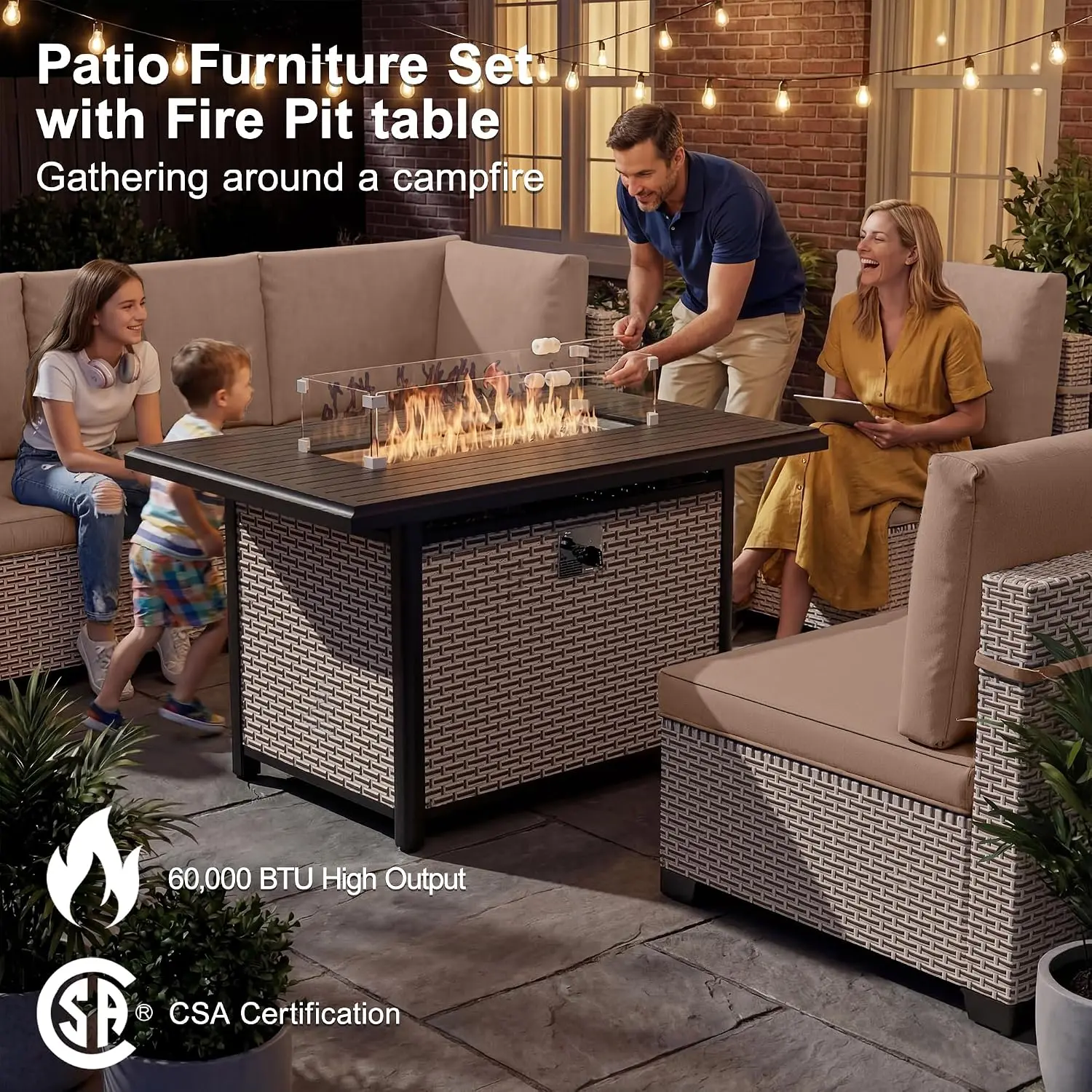 Patio Furniture 8-Piece Sectional Sofa 60000 BTU Fire Pit Glass Coffee Table Wicker Set Khaki Cushions, Customized