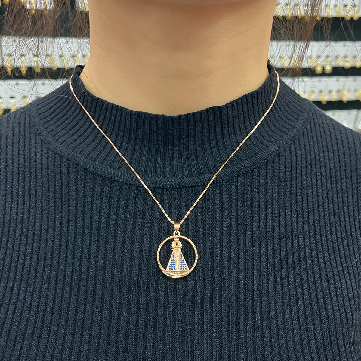 MHS.SUN Original Double Sided Virgen De Guadalupe Pendant Necklace Lujan Virgin Religious CZ Jewelry For Men Women Mardi Gras