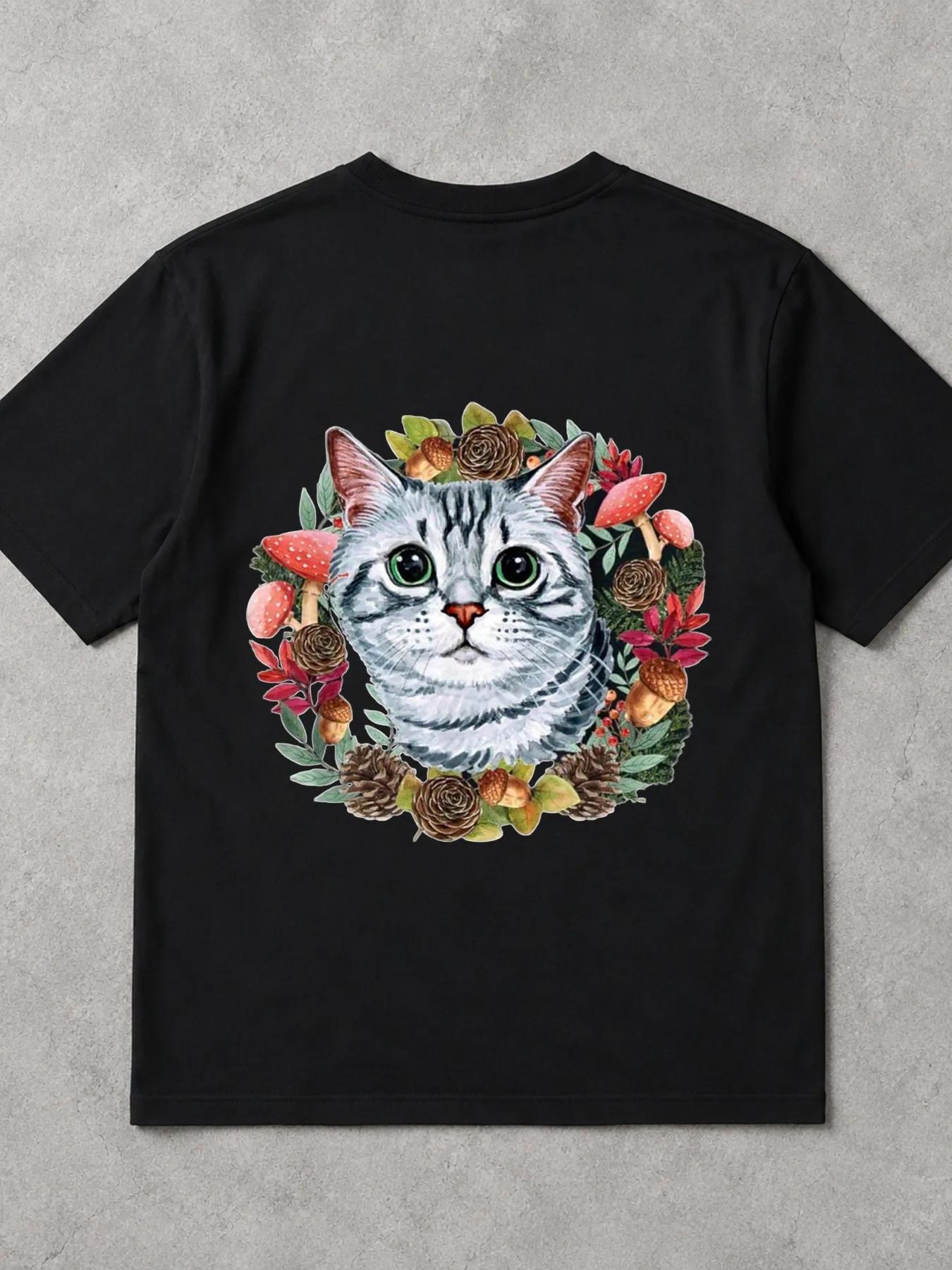 Men'S Casual Graphic Tee Short Sleeve Fashion Streetwear T-Shirt Printed With A Cute Tabby Cat Surrounded By Forest Elements Des