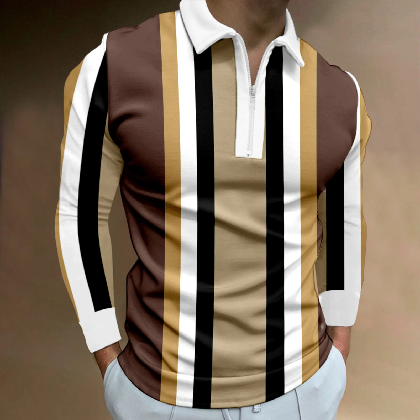New Fashion Striped Men's Polos T-Shirts Long Sleeve 3D Printed Street Male Zippers POLO Tee 6XL Plus Size Casual Tops - Image 3