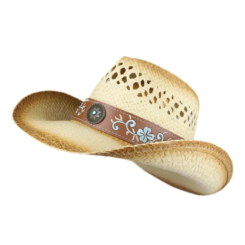 Vintage Retro Embroidery Pattern Leather Band Hollowed Out Women Men Straw Wide Brim Beach Cowboy Cowgirl Western Sun Hat