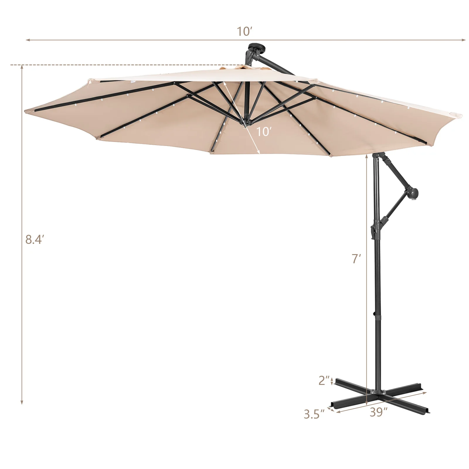 10FT Cantilever Solar Powered 32 LED Lighted Patio Offset Umbrella Outdoor Beige