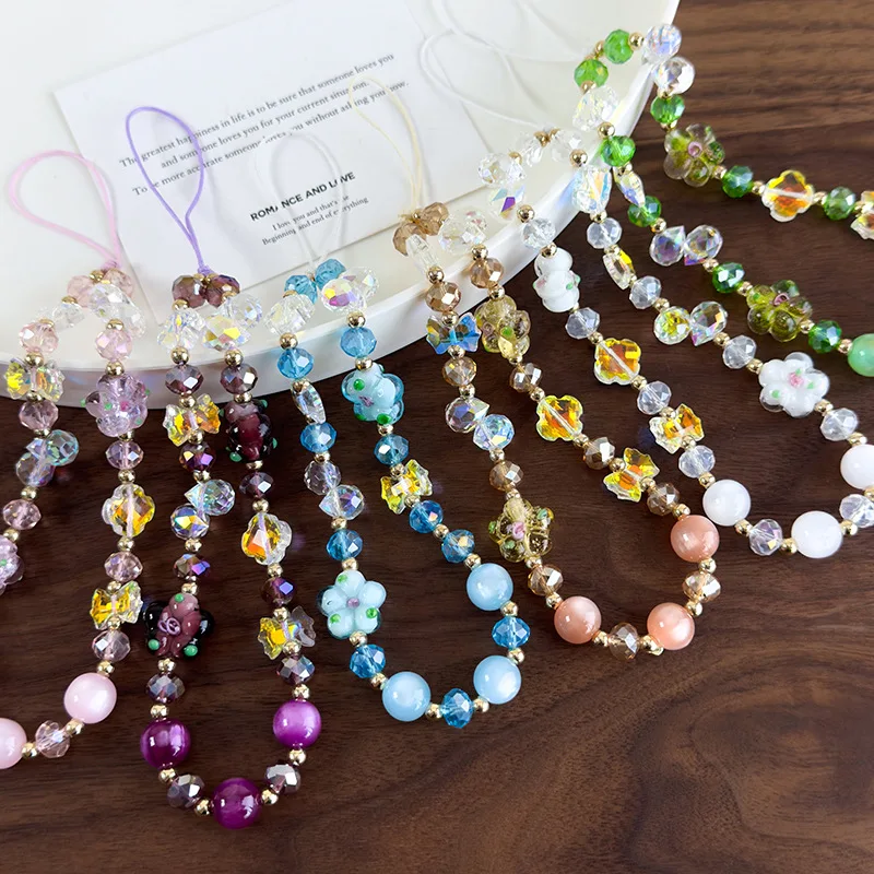 Phone Wrist Strap Handmade Colorful Glass Beads Bow Flower Lightweight Durable Portable Secure Daily Carry for Women