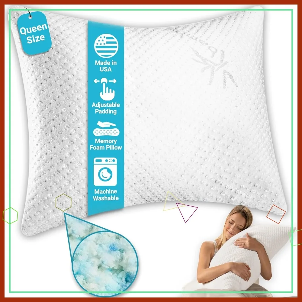 

Shredded Memory Foam Pillow for Side, Back & Stomach Sleepers - Cooling Cover, Machine Washable, Neck Pain Relief (Queen)