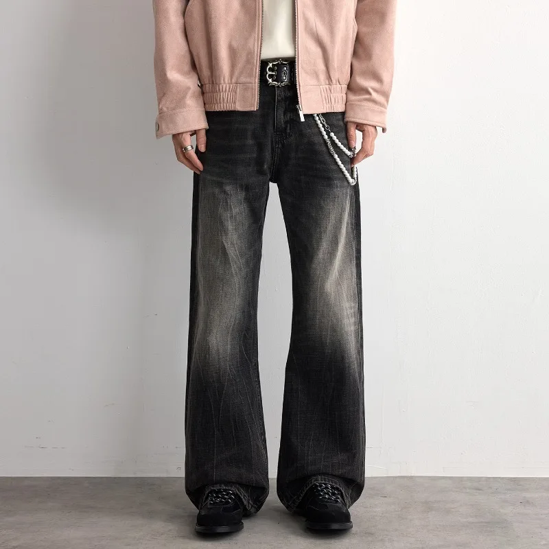Premium Men's Flared Jeans American Casual Black Grey Gradient Wash High End Denim Minimalist Streetwear Long Pants