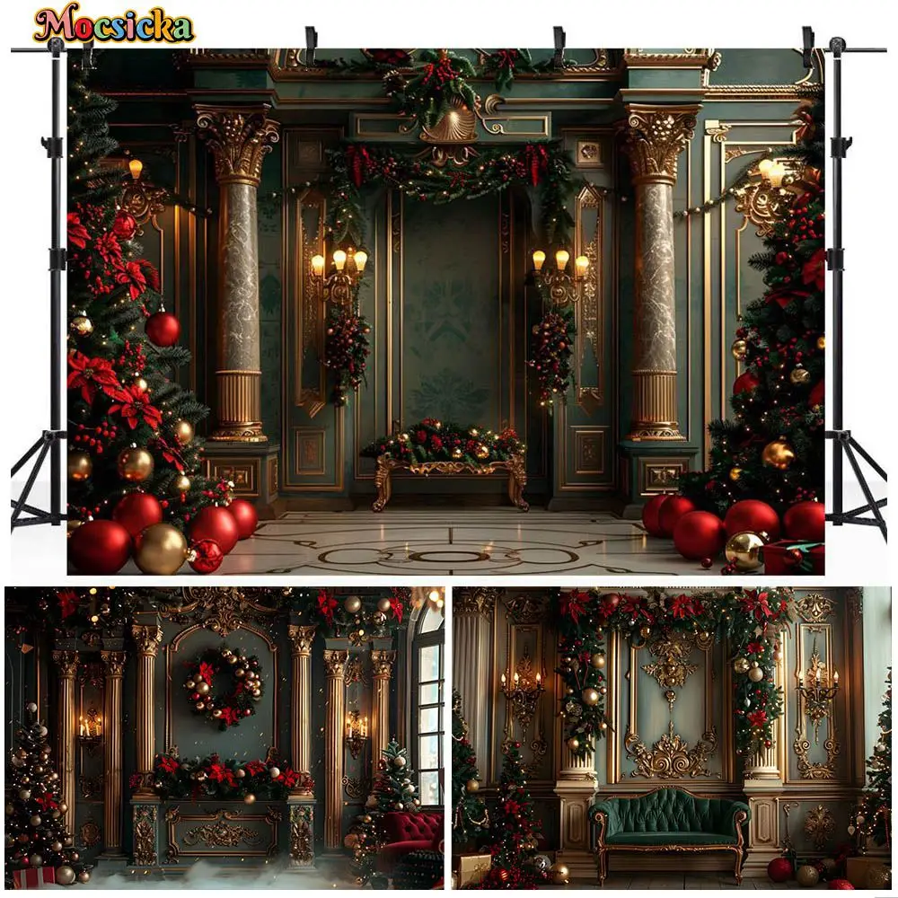 

Mocsicka Christmas Photography Backdrops Vintage Wall Palace Indoor Xmas Tree Adult Kids Portrait Backgrounds Photo Studio Props