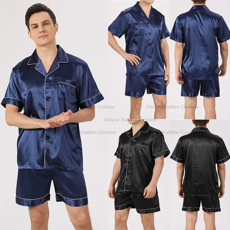 Conjunto de shorts pretos masculinos, roupa de dormir de seda gelo para casa, manga curta, pijama, 2 peças, roupa de dormir masculina de cetim, pijama sólido