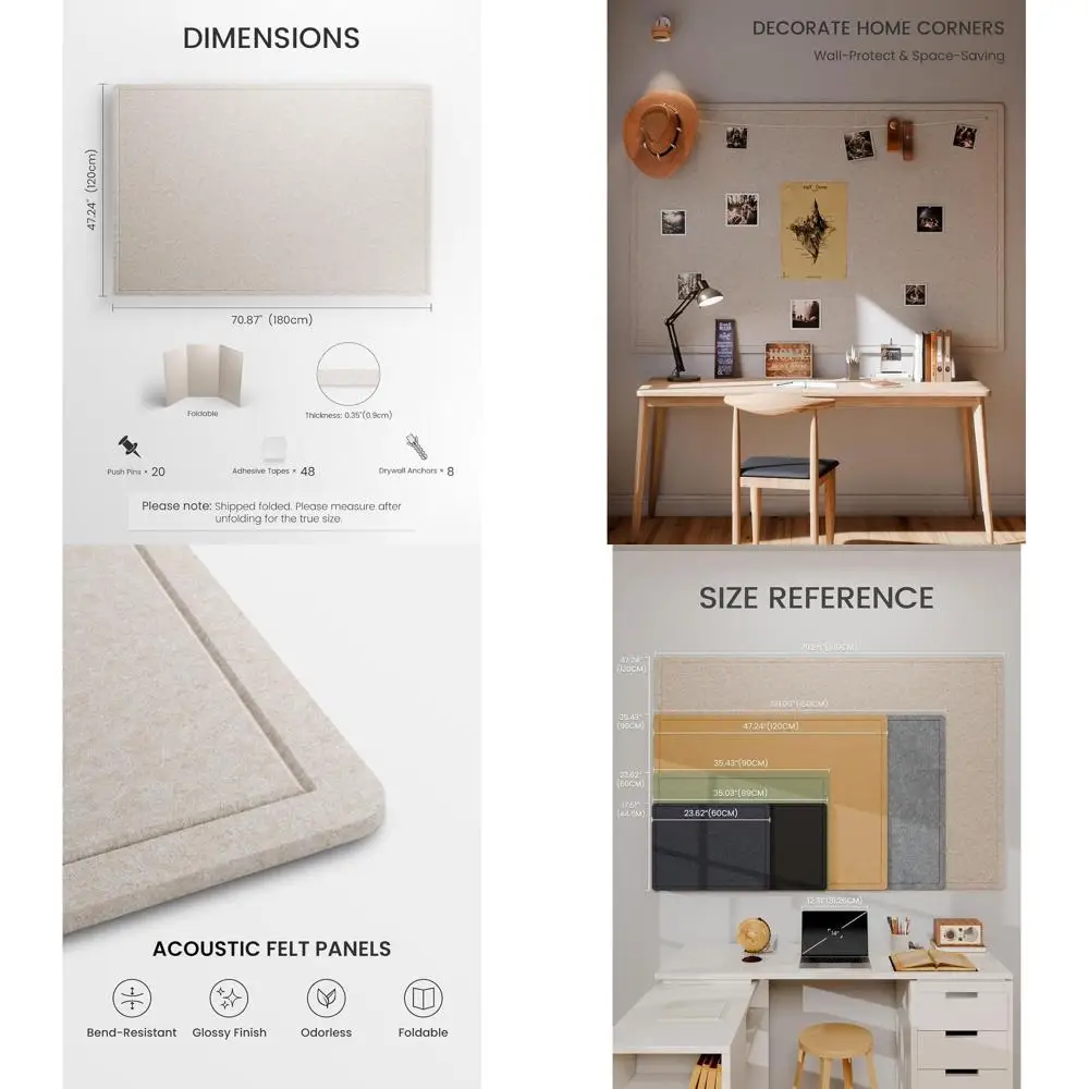 

Oatmeal Foldable Felt Pinboard, 70.8x47.2, 48 Adhesive Tabs, Home/Office/Classroom Cork Board Alternative