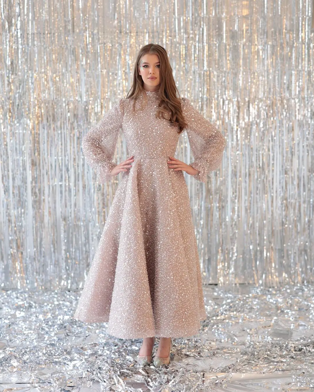 

Champagne Sequins Lace Long Sleeves Prom Dresses High Neck Ankle Length Formal Party Dress Special Occasion Dresses