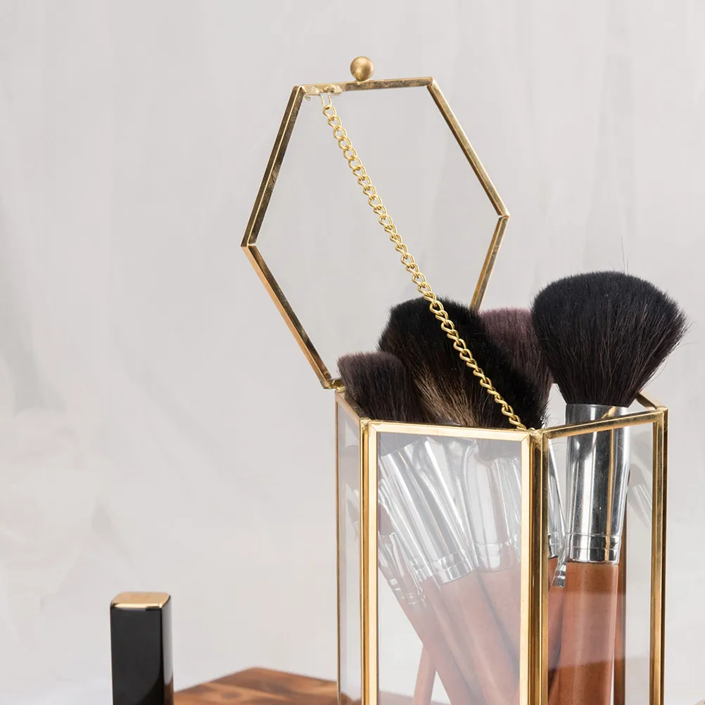 

Hexagon Makeup Organizer Storage Box with Copper Frame Golden Transparent Glass Brush Holder for Dressing Table Keep Tidy Retro